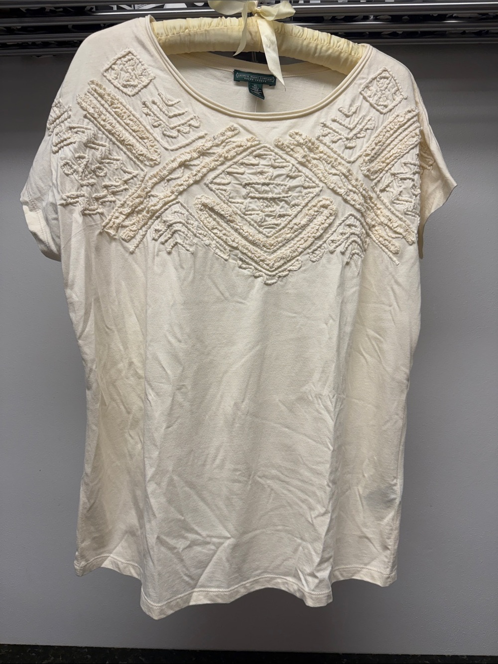 Cream Textured Embroidered Short Sleeve Tee (never worn)